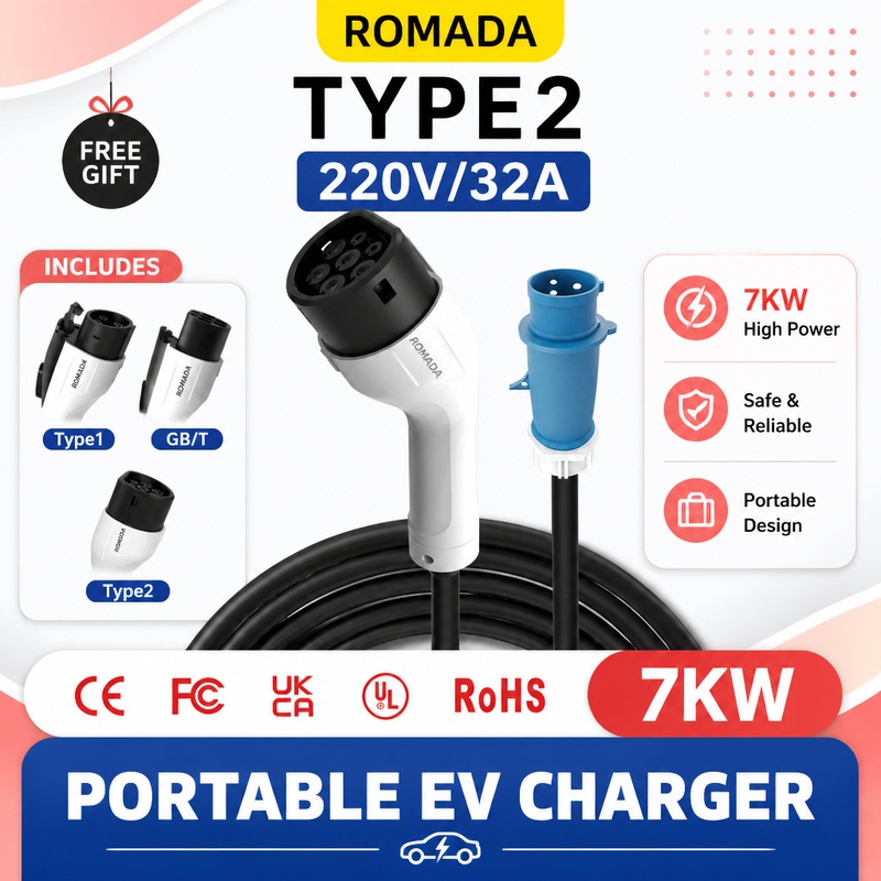 7KW ROMADA Electric Vehicle Po - Portable Ev Charger 32A Type 2 Cee Plug ulasan dan harga